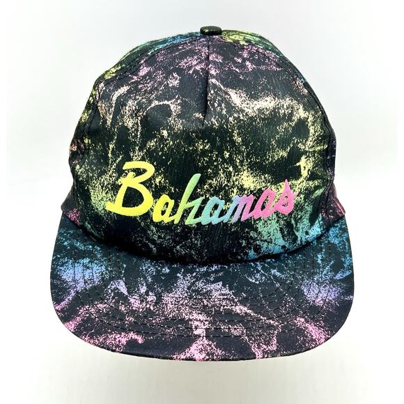 Vintage 80s 90s Bahamas Caribbean Island Nylon Hat Cap Snapback Paint Splatter - Picture 4 of 11